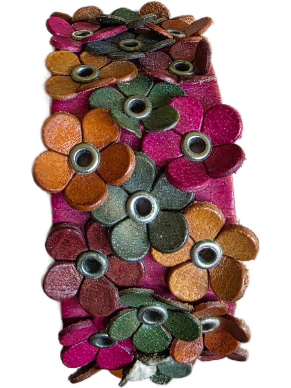 Boho Leather Flower Cuff Bracelet Pink Floral Layered Snap Wristband Hippie